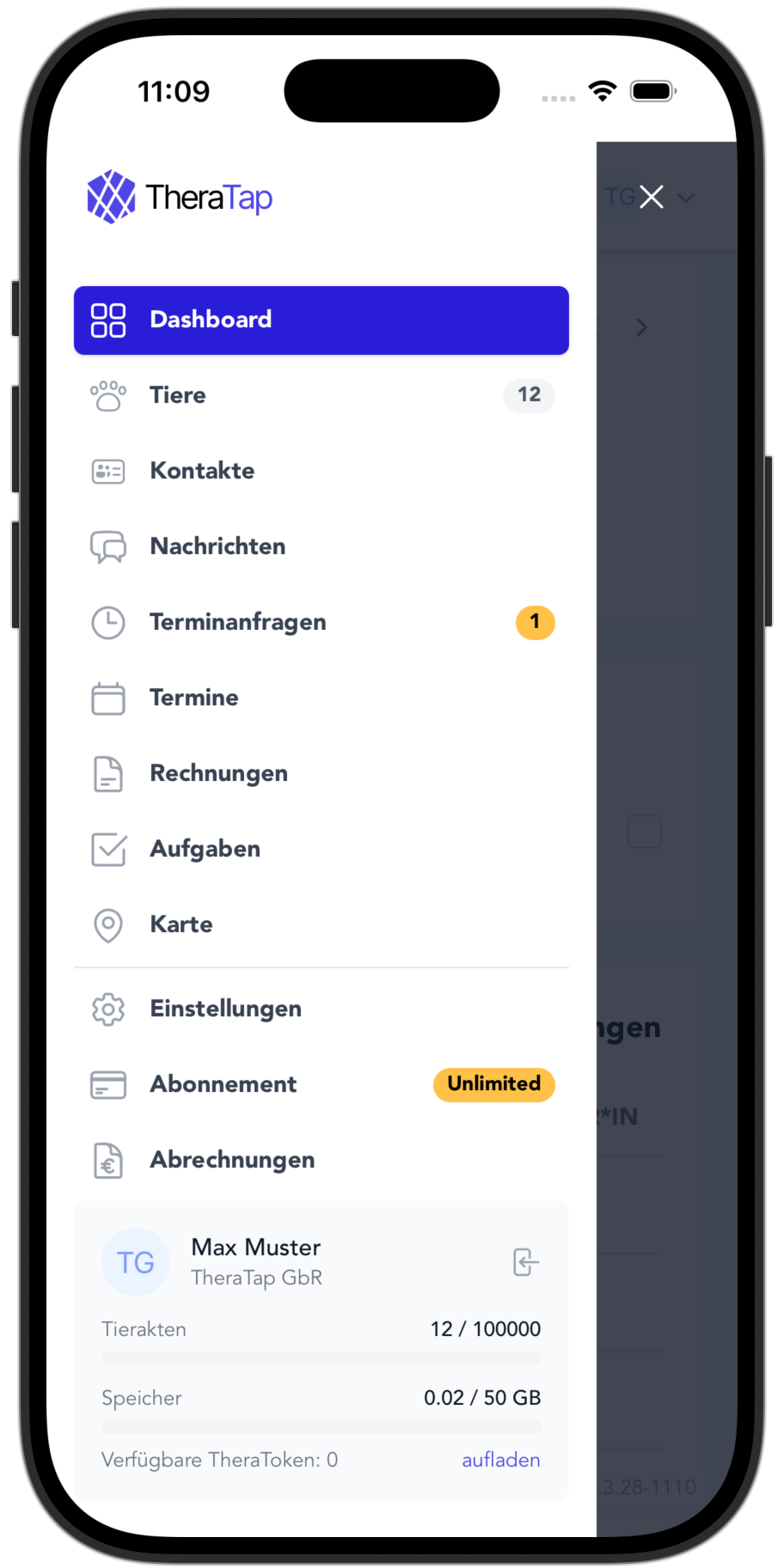 TheraTap app: side menu