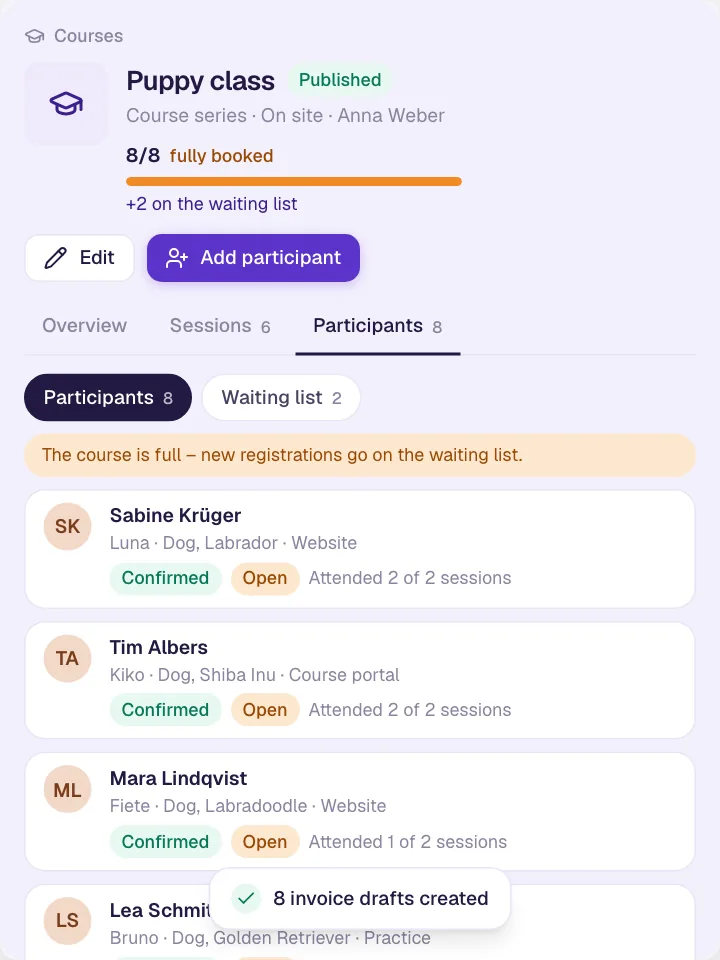 Create a course, keep track of participants