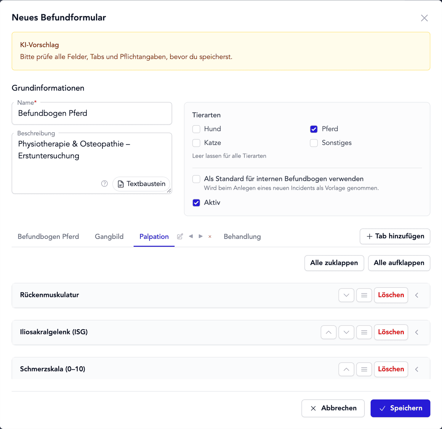 Form import in TheraTap: an uploaded findings form becomes a digital form