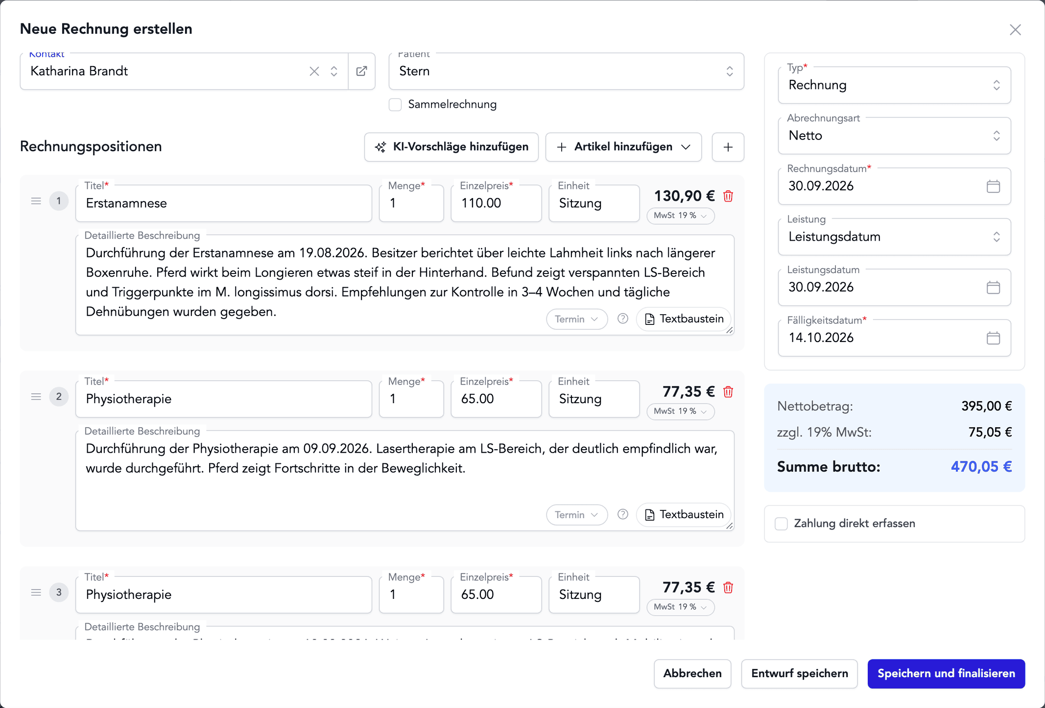Invoice draft with AI suggestions in TheraTap