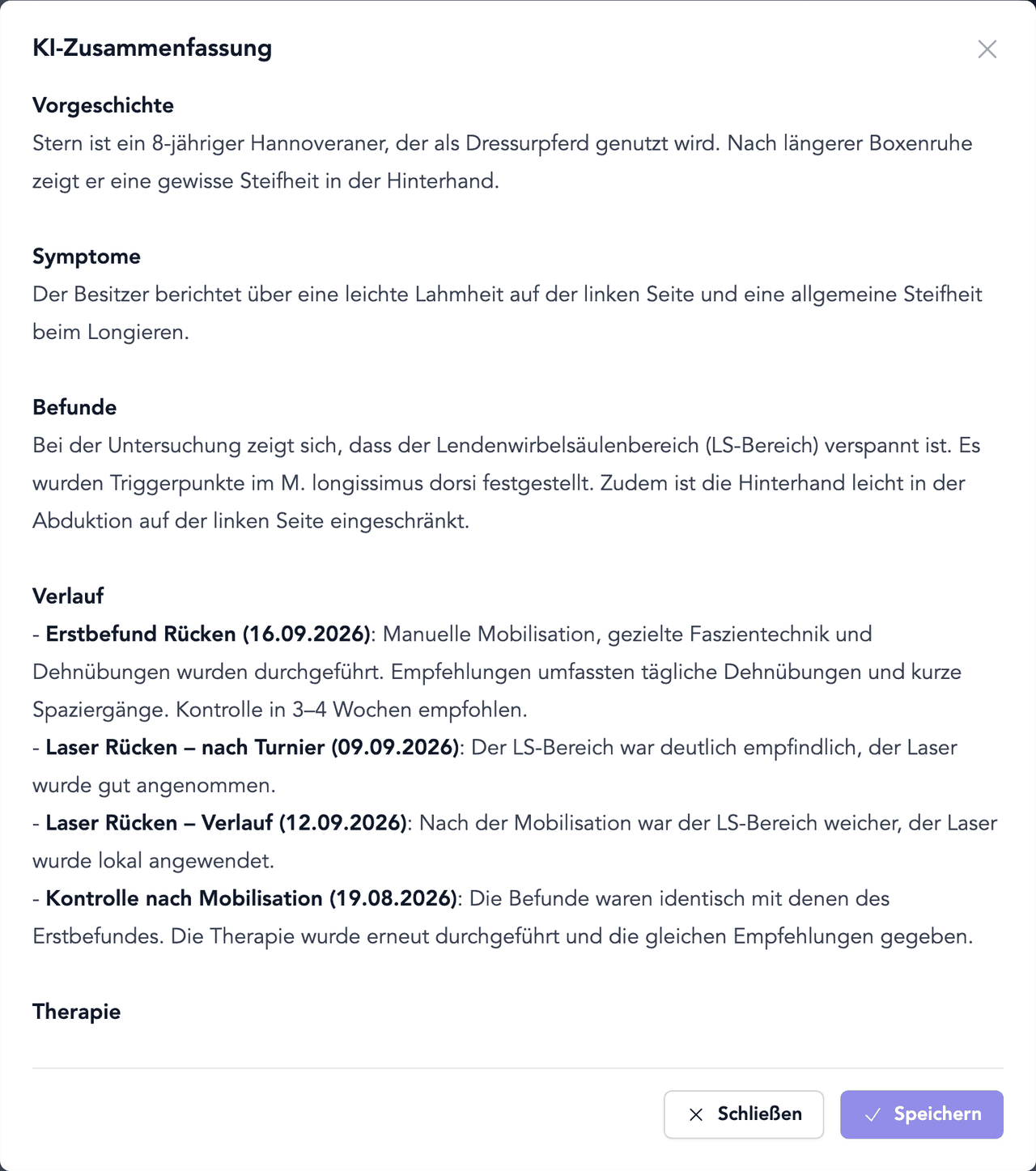 AI summary of an animal's medical history in TheraTap