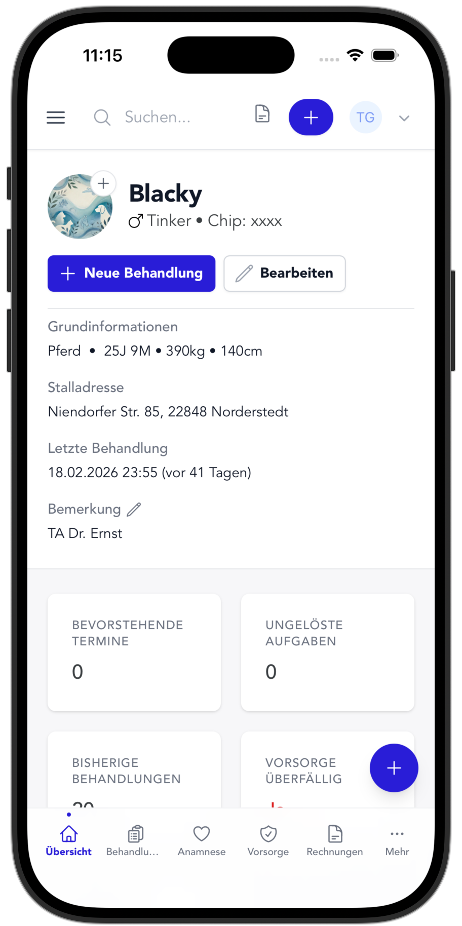 TheraTap app: animal record