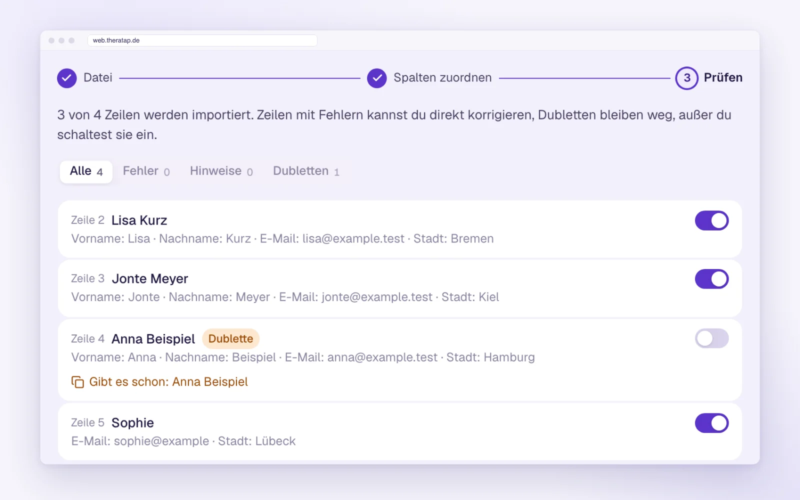 Review step of the import wizard with a detected duplicate