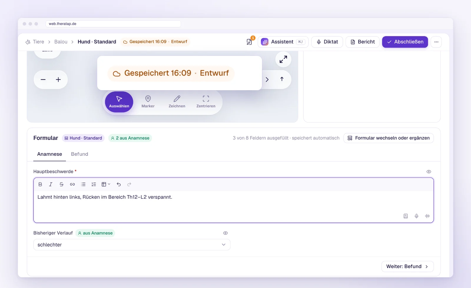Entry with the save status “Saved · Draft” in the new TheraTap web app